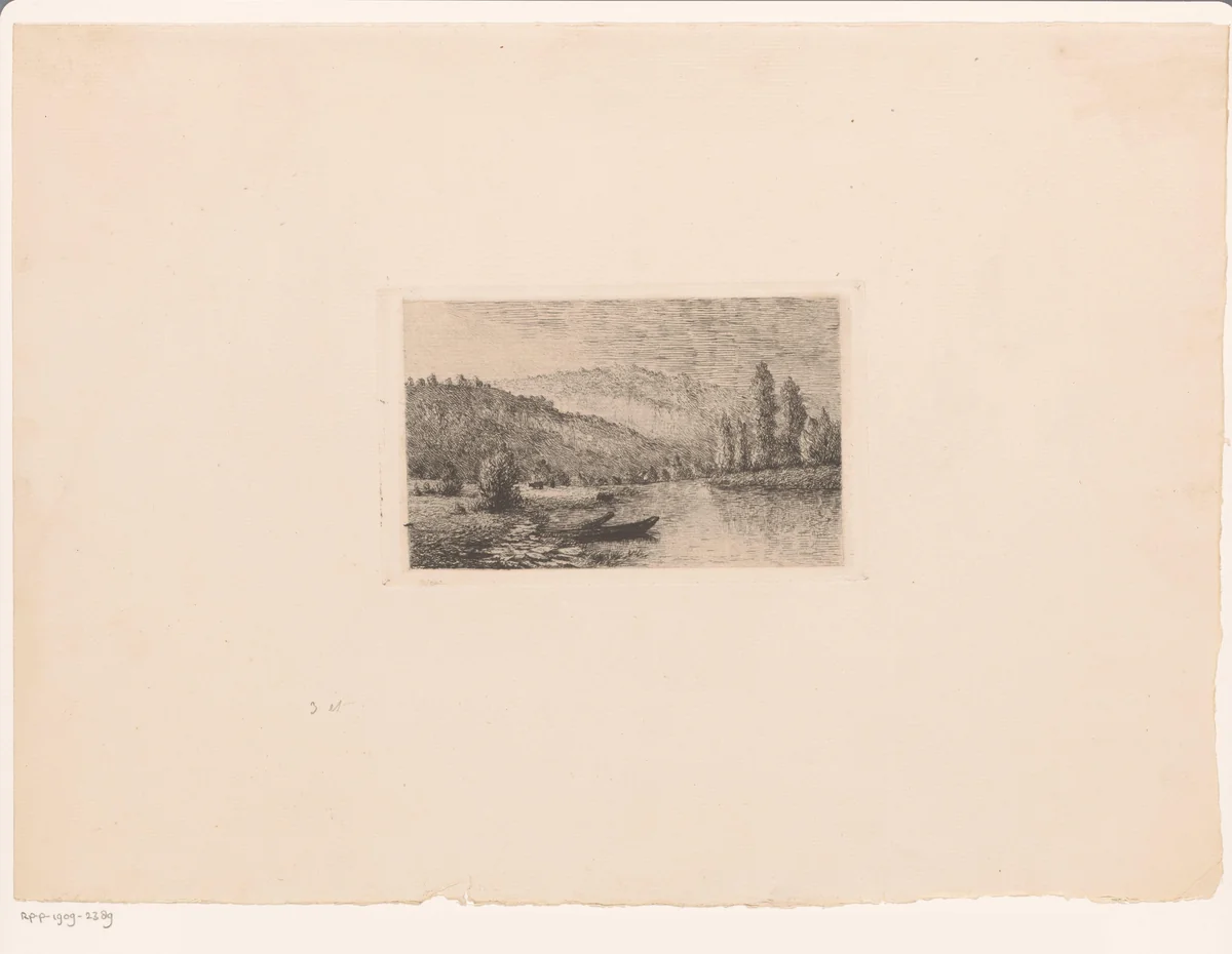 Heuvellandschap met twee schuiten langs de oever by Aristide de Biseau, print, 1854-1883