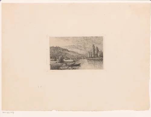 Heuvellandschap met twee schuiten langs de oever by Aristide de Biseau, print, 1854-1883