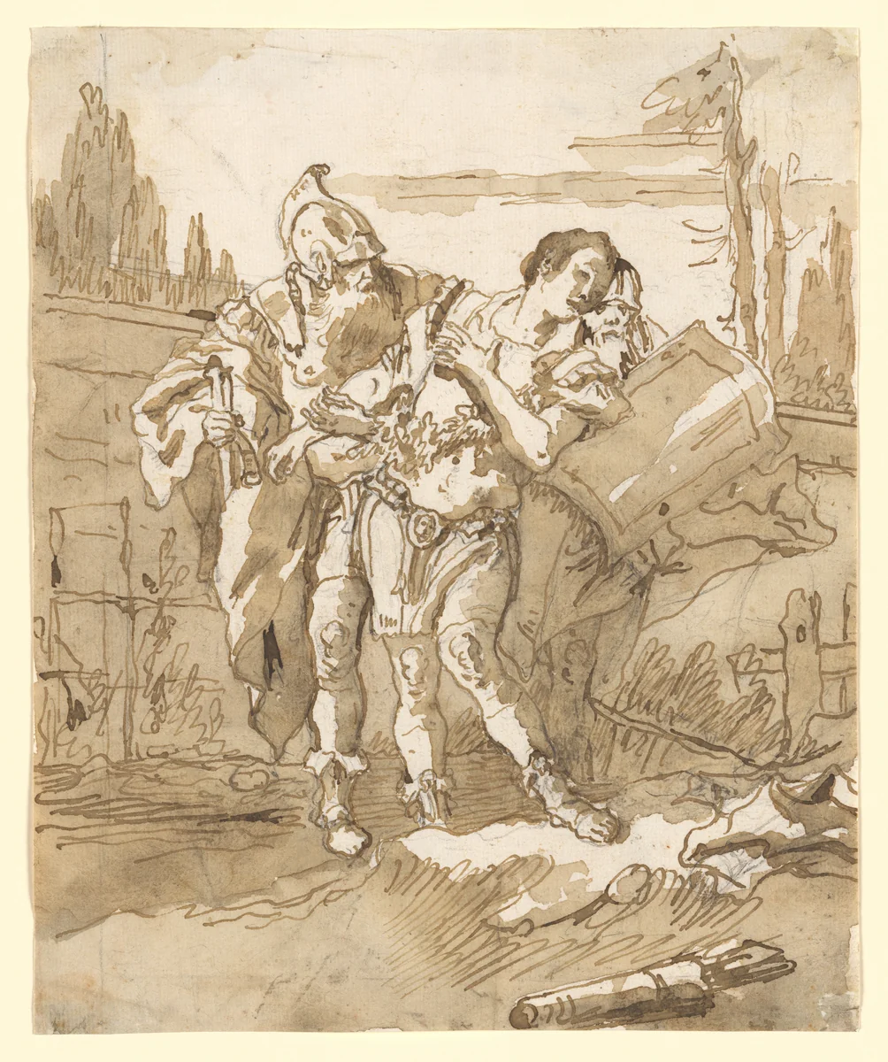 Rinaldo Persuaded by Ubaldo and Guelfo to Abandon Armida by Giovanni Domenico Tiepolo, drawing, 1736-1800