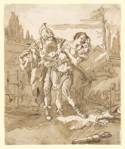 Rinaldo Persuaded by Ubaldo and Guelfo to Abandon Armida by Giovanni Domenico Tiepolo, drawing, 1736-1800
