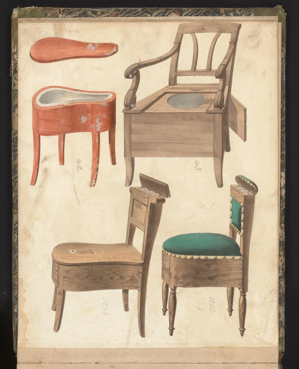 Vier ontwerpen voor wc-meubelen by anonymous, drawing, 1825-1839