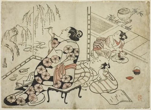 Courtesan Painting a Screen, from a series of 12 erotic prints by Torii Kiyonobu I (鳥居 清信), print, 1706-1716