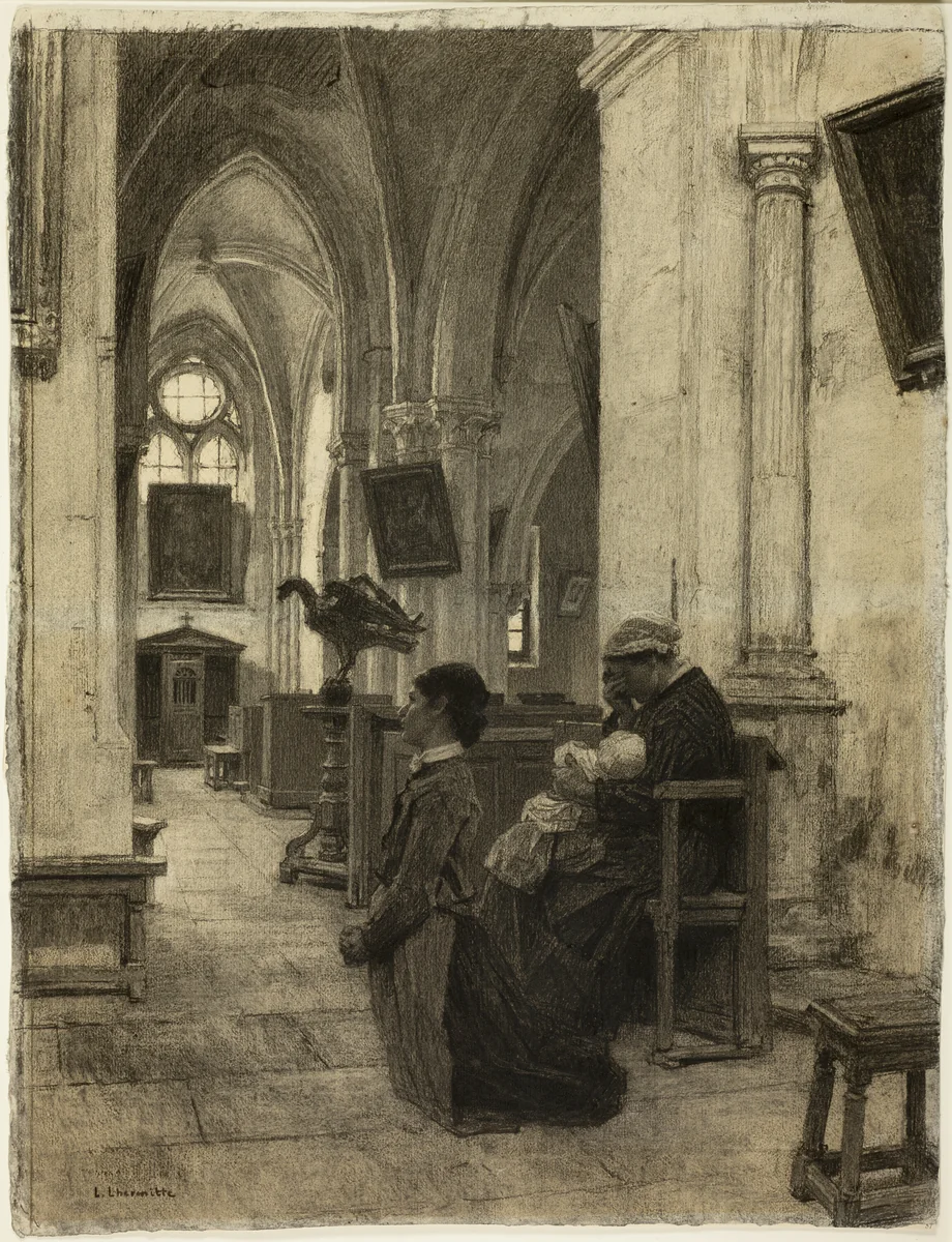 Women Praying in Church by Léon Augustin Lhermitte, drawing, 1875-1885