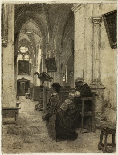 Women Praying in Church by Léon Augustin Lhermitte, drawing, 1875-1885