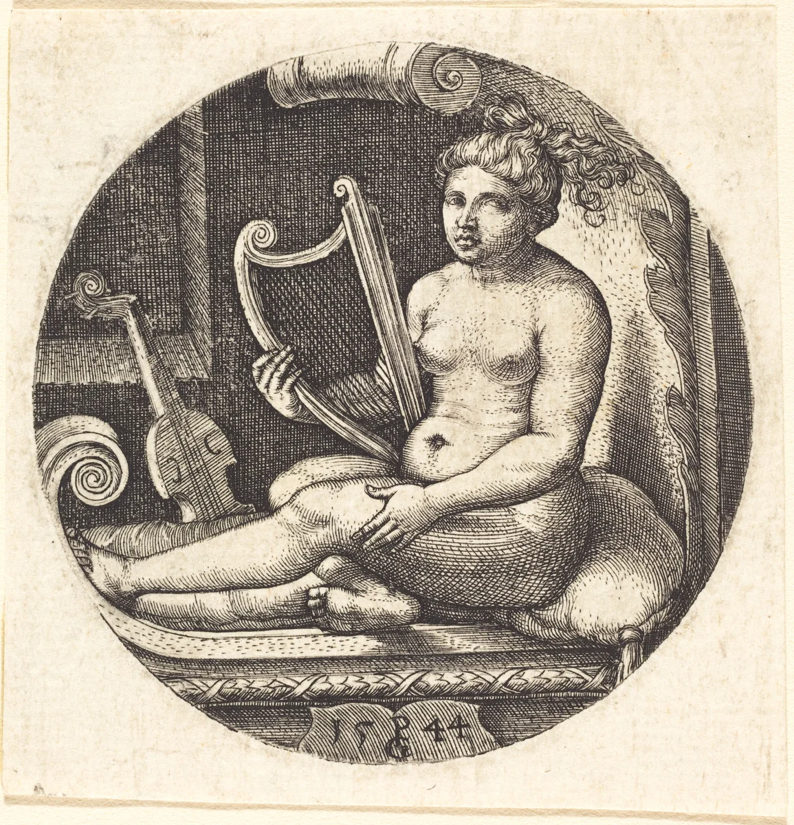 Woman with a Harp by Georg Pencz, print, 1544