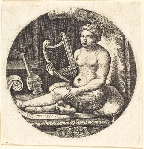 Woman with a Harp by Georg Pencz, print, 1544