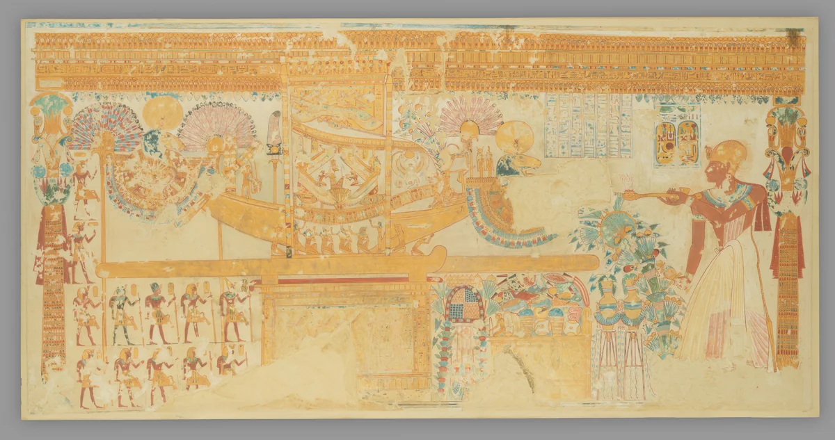 Painting of Ramesses IX before the barque of Amun from the tomb of Imiseba by Nina de Garis Davies, artwork, -1126--1108
