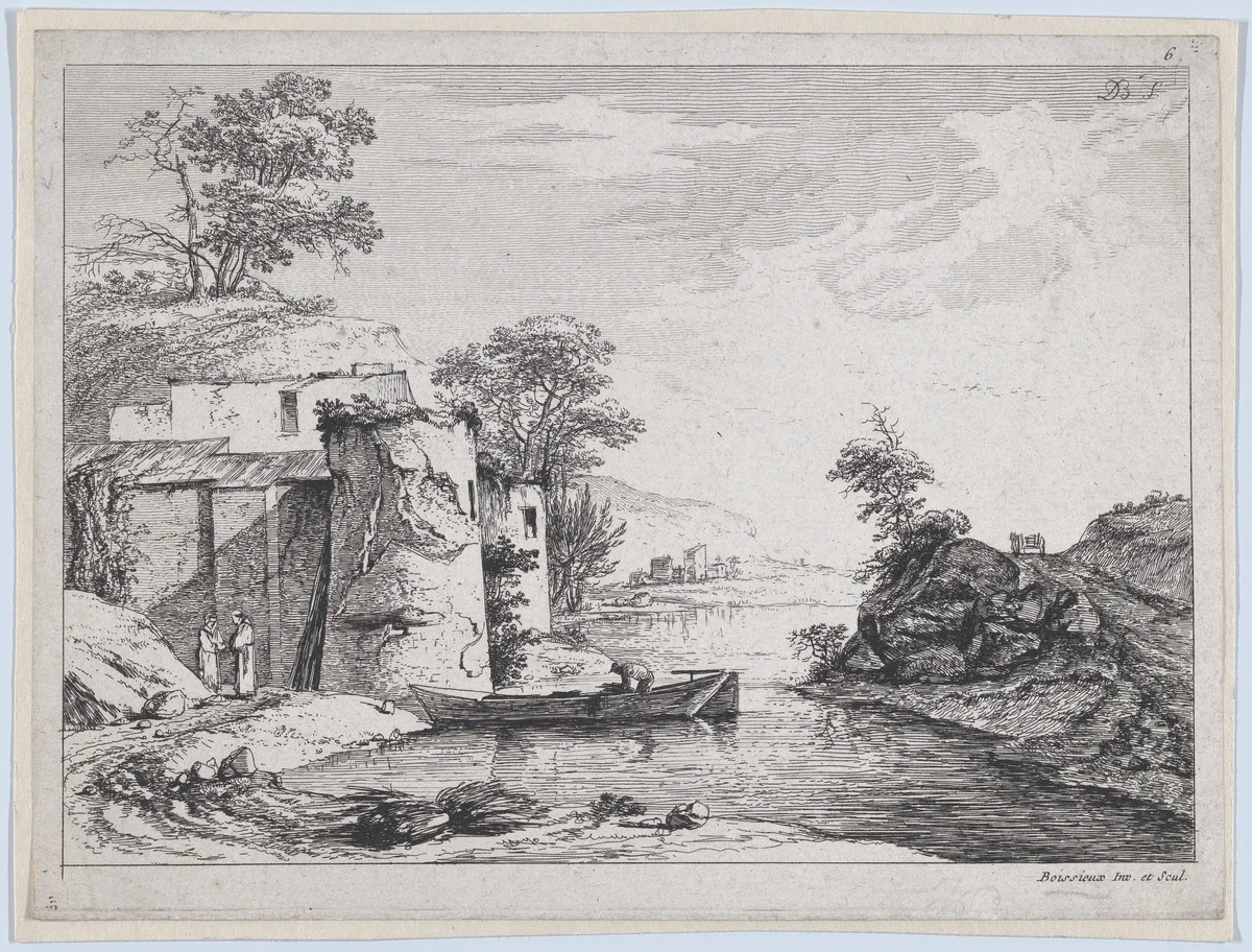 Old Towers on a River Bank by Jean Jacques de Boissieu, print, 1763