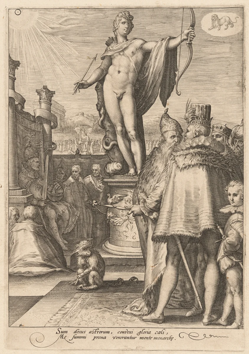 Apollo Presiding Over the Arts of Government by Jan Pietersz Saenredam; Hendrick Goltzius, print, 1596