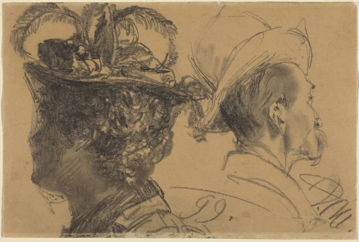 Heads of a Man and a Woman by Adolph Menzel, drawing, 1899