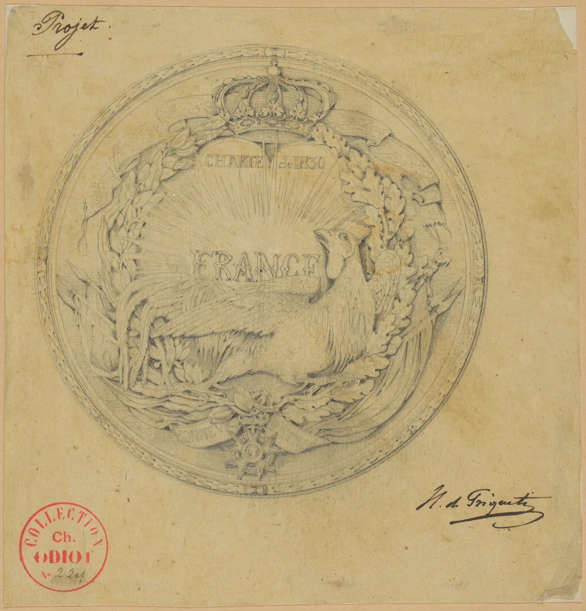 Design for the Medal to Commemorate the Charter of 1830 by Henri de Triqueti, drawing, 1830