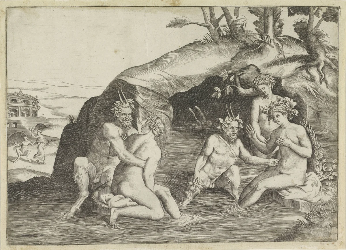 Drie nimfen en twee saters badend by Unknown, print, 1501-1580