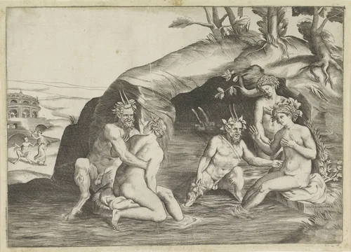 Drie nimfen en twee saters badend by Unknown, print, 1501-1580