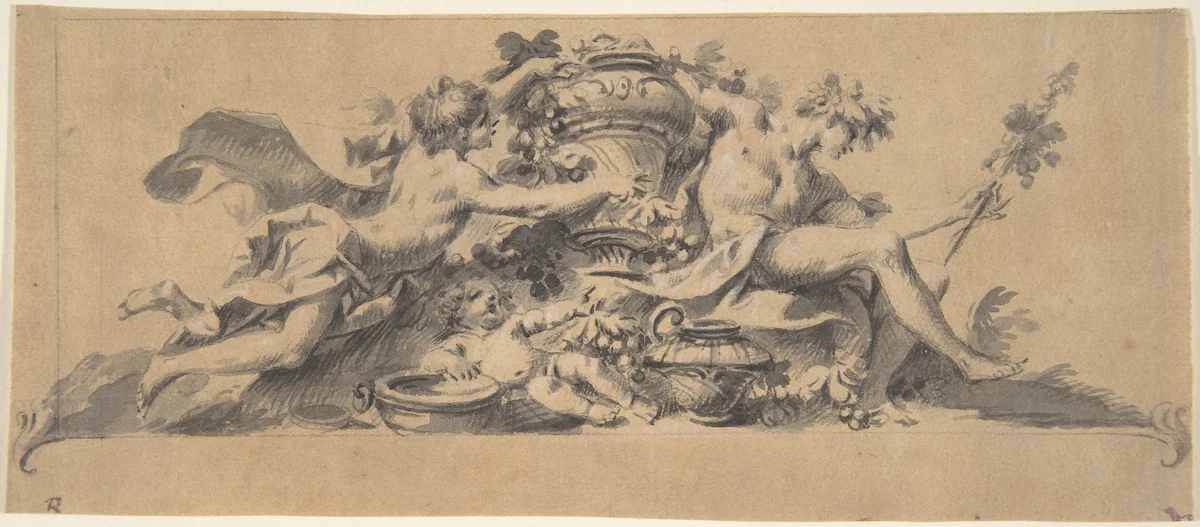 Design for a Vignette (?) with Two Figures flanking a Vase by anonymous, drawing, 1700-1800