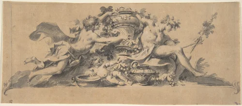 Design for a Vignette (?) with Two Figures flanking a Vase by anonymous, drawing, 1700-1800