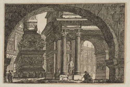Figures in an Imaginary Architectural Interior by Pierre Moreau, print, 1755-1765