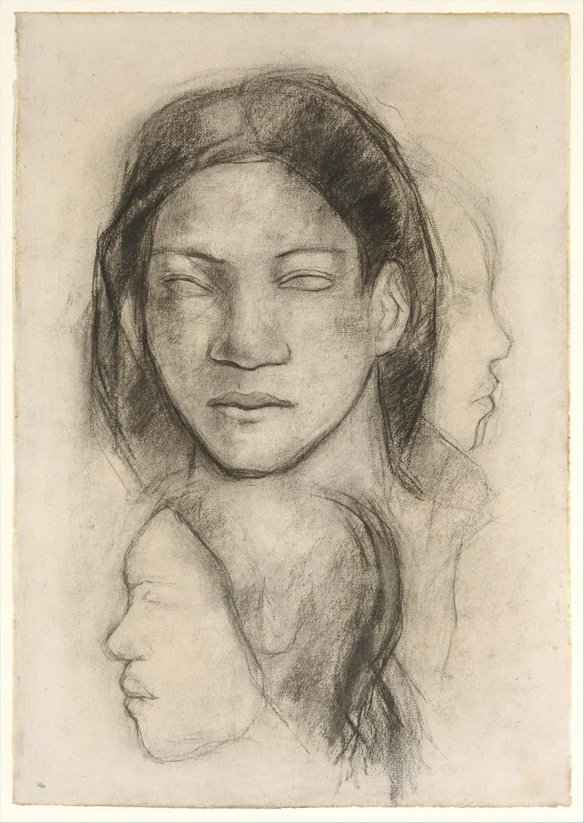 Tahitian Faces (Frontal View and Profiles) by Paul Gauguin, drawing, 1894-1904