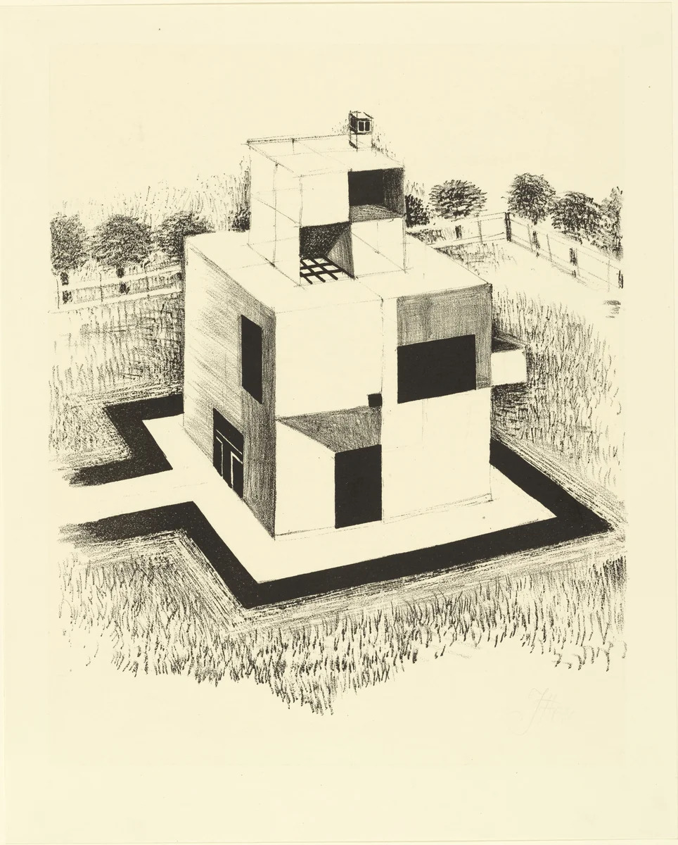 House of the White Man (Haus des weißen Mannes) from the portfolio New European Graphics, 1st Portfolio: Masters of the State Bauhaus, Weimar, 1921 (Neue europäische Graphik, 1. Mappe: Meister des Staatlichen Bauhauses in Weimar, 1921) by Johannes Itten, print, 1920