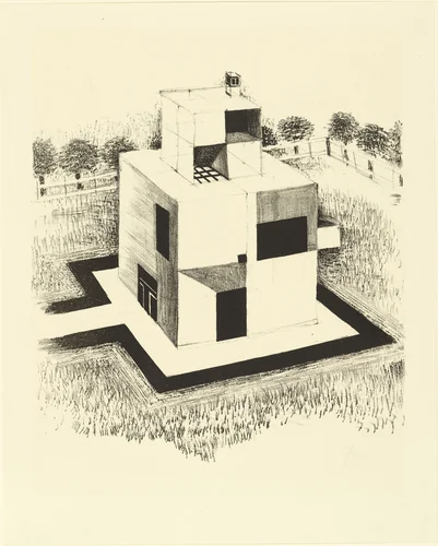 House of the White Man (Haus des weißen Mannes) from the portfolio New European Graphics, 1st Portfolio: Masters of the State Bauhaus, Weimar, 1921 (Neue europäische Graphik, 1. Mappe: Meister des Staatlichen Bauhauses in Weimar, 1921) by Johannes Itten, print, 1920