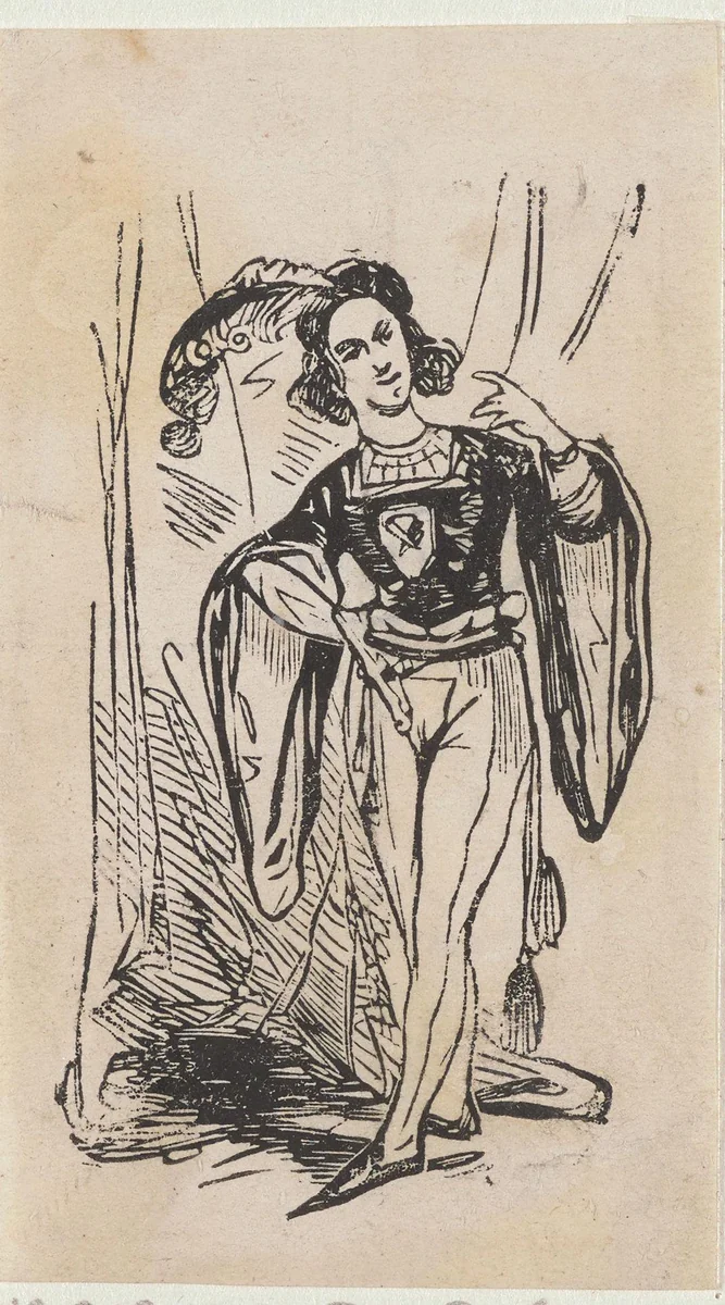 Man met een gepluimde hoed voor een gordijn by Isaac Weissenbruch, print, 1836-1912