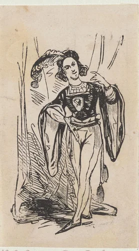 Man met een gepluimde hoed voor een gordijn by Isaac Weissenbruch, print, 1836-1912