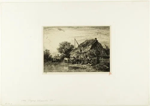 Peasant House with Pond by Charles-Émile Jacque, print, 1845