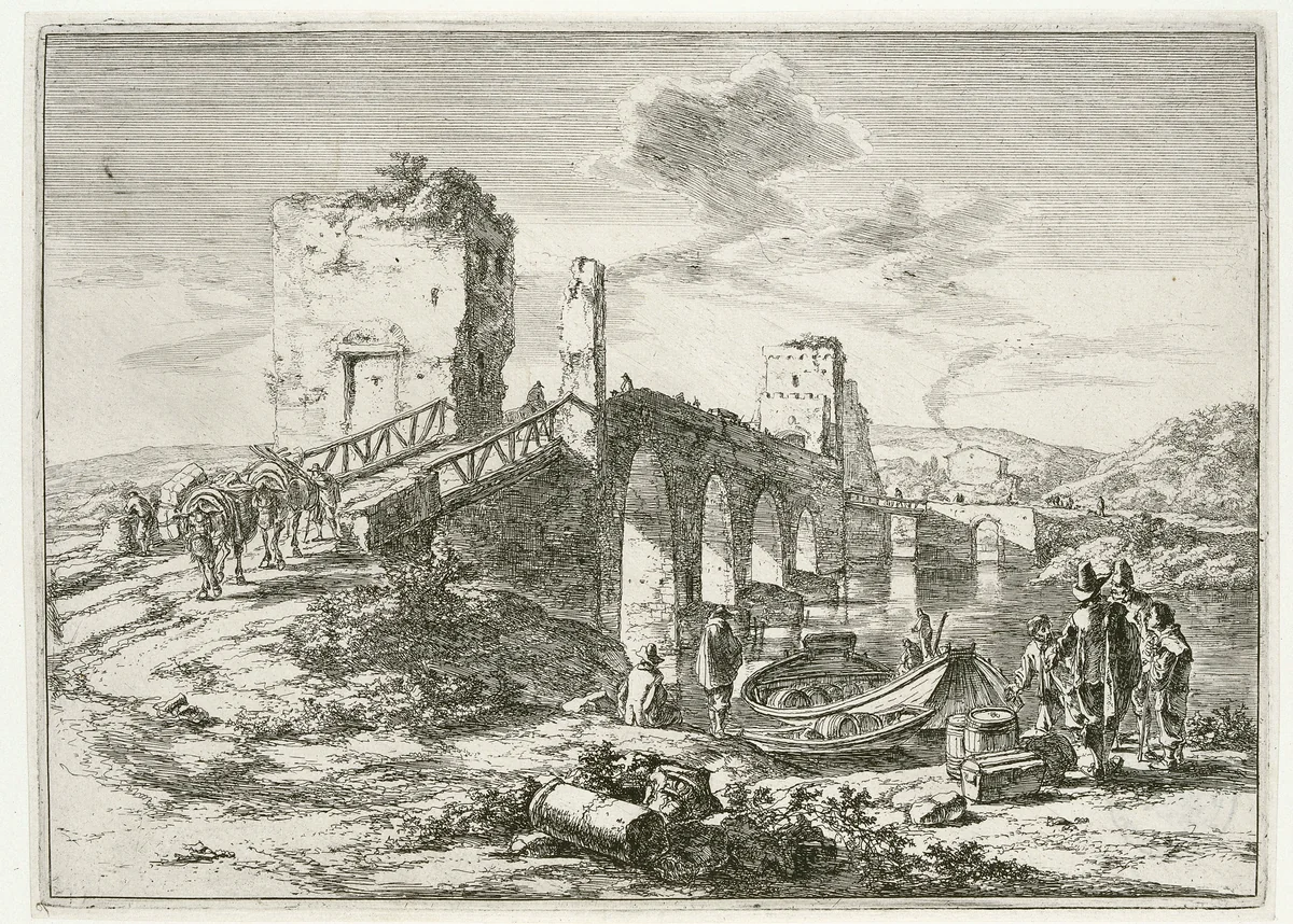 Landschap met brug, de Ponte Molle by Jan Both, print, 1644-1652