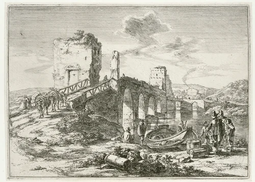 Landschap met brug, de Ponte Molle by Jan Both, print, 1644-1652