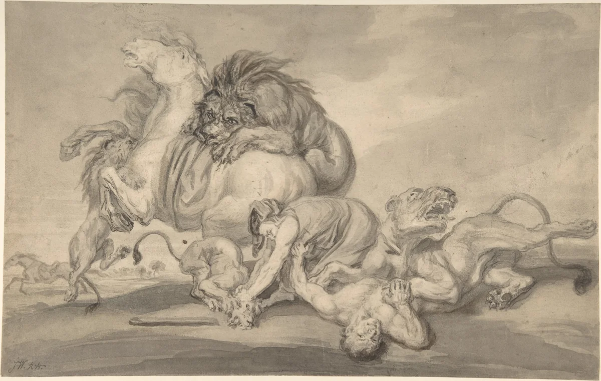 Lions Attacking Two Men and a Horse by James Ward, drawing, 1801-1859