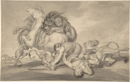 Lions Attacking Two Men and a Horse by James Ward, drawing, 1801-1859