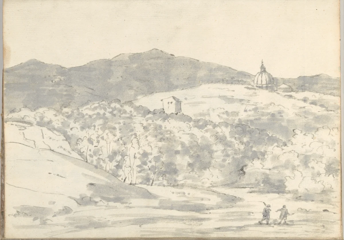 Landscape with a towered building and domed church, near Rome (Smaller Italian sketchbook, leaf 32 recto) by Joseph Wright, drawing, 1774-1775
