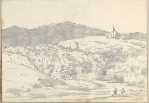 Landscape with a towered building and domed church, near Rome (Smaller Italian sketchbook, leaf 32 recto) by Joseph Wright, drawing, 1774-1775