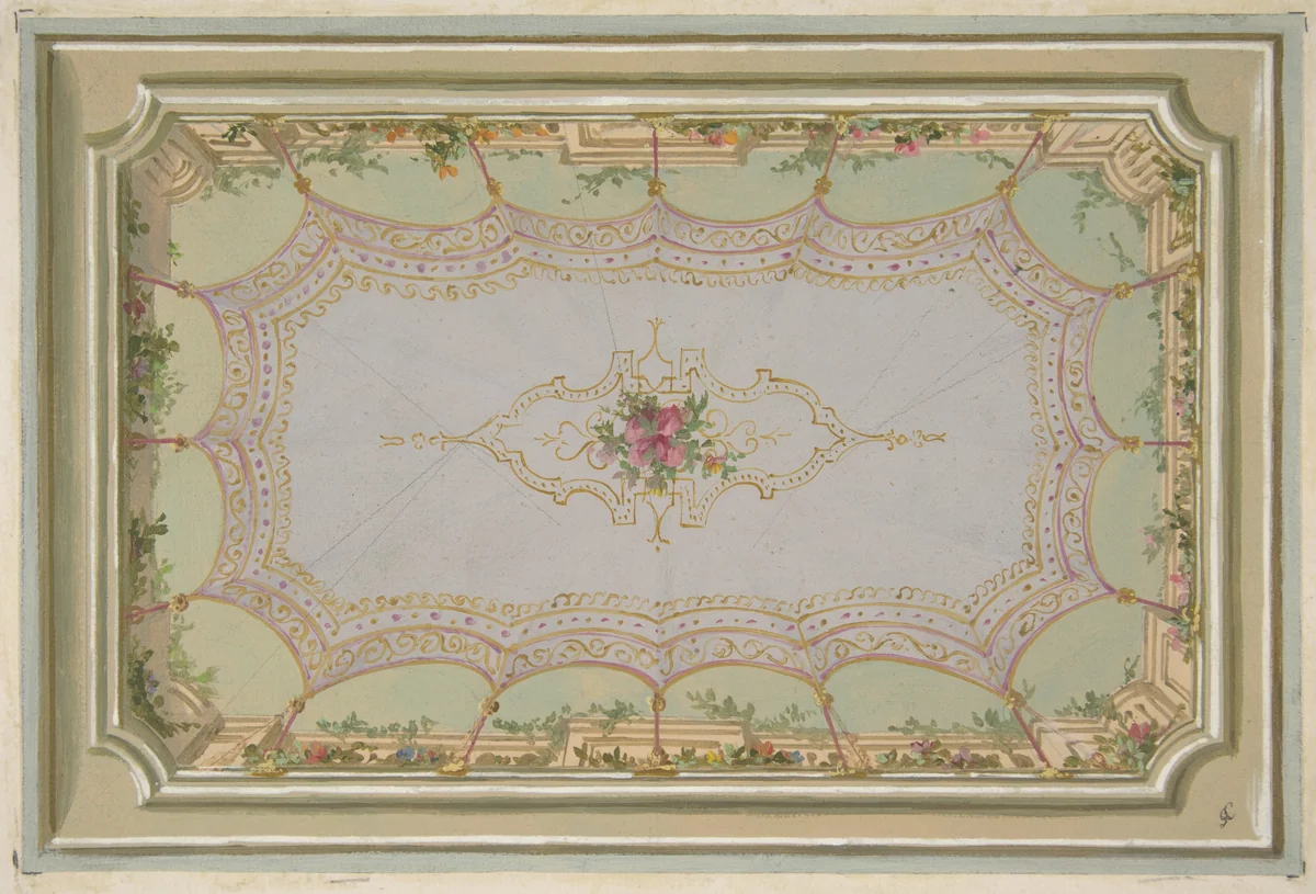 Design for the painted decoration of a ceiling with a trompe l'oeil canopy and roses by Jules-Edmond-Charles Lachaise, drawing, 1830-1897