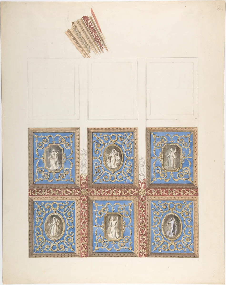 Carved and Painted Ceiling with Six Figural Medallions, for Cleish Castle by John Gregory Crace, drawing, 1825-1900