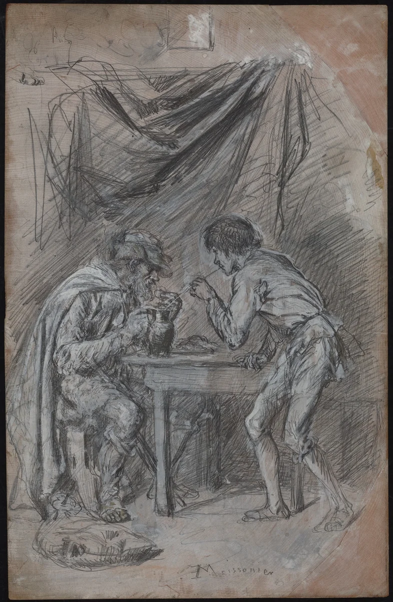 Lazarille de Tormes Stealing Drink from a Blind Man by Jean Louis Ernest Meissonier, drawing, 1846