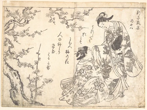 Two Girls Under Plum Tree by Nishikawa Sukenobu (西川祐信), print, 1615-1868