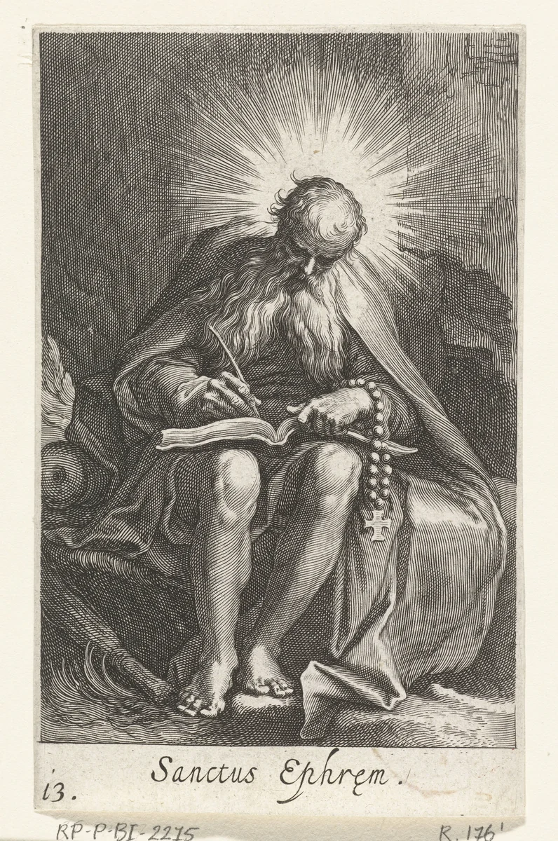 Heilige Ephraim de Syriër als kluizenaar by Boëtius Adamsz. Bolswert, print, 1590-1612