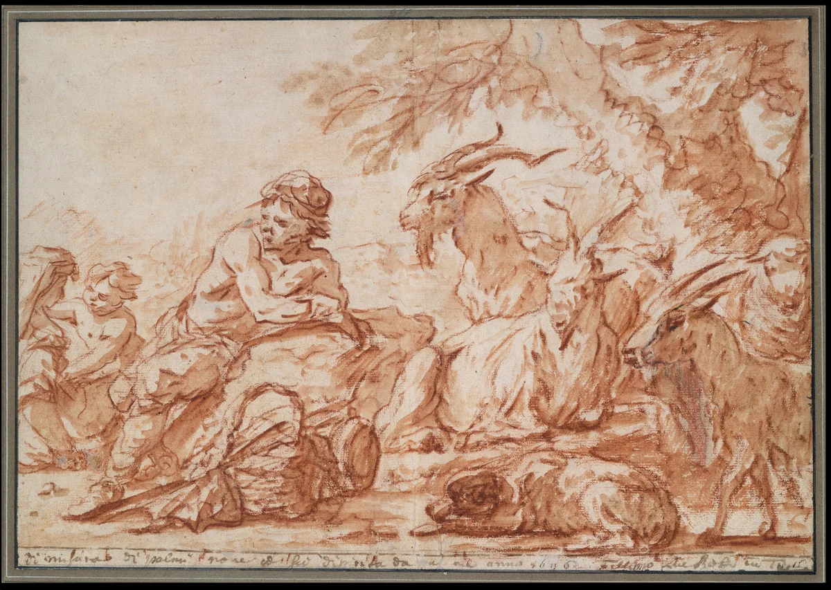 Pastoral Scene: A Herdsman and His Family, with Goats by Philipp Peter Roos, drawing, 1675-1706