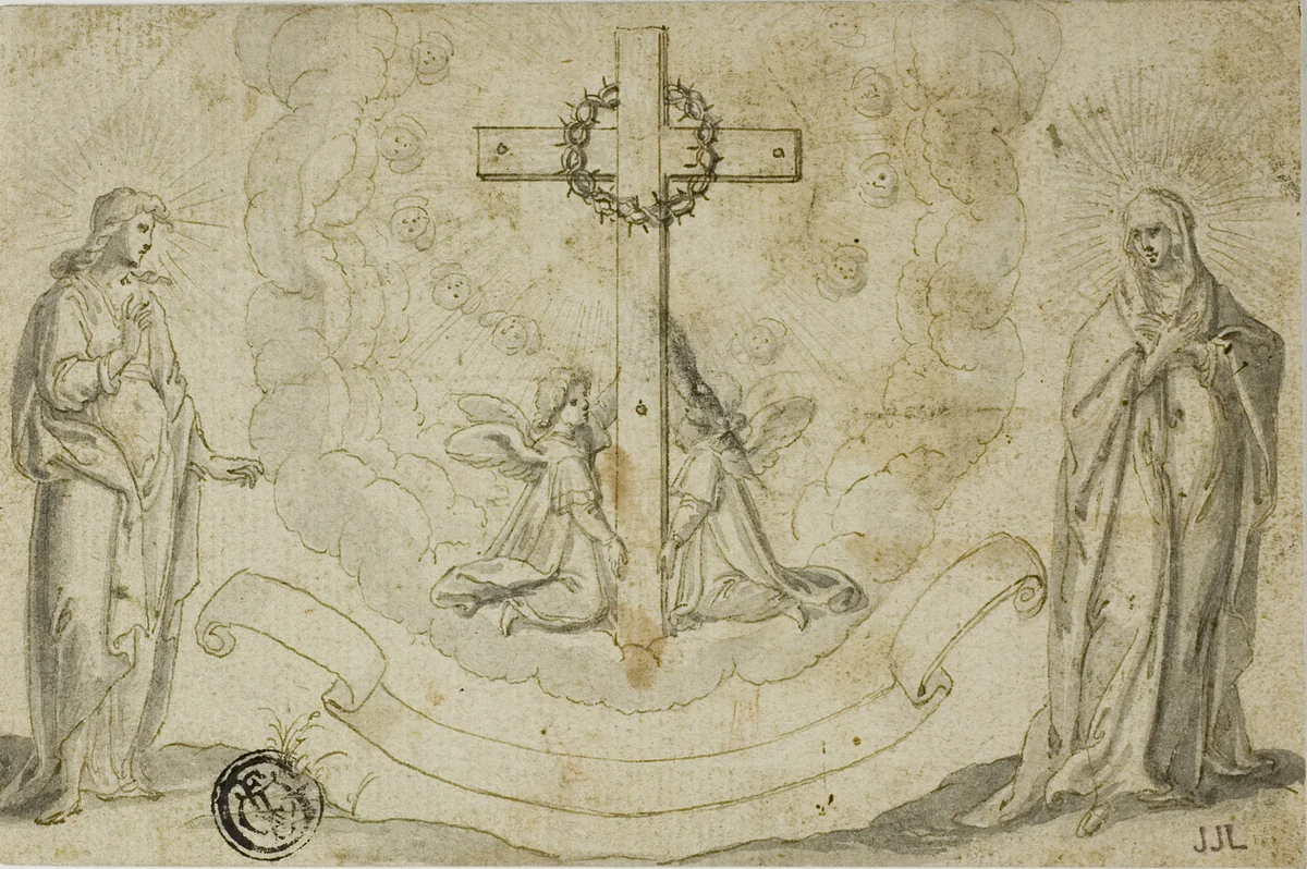 Virgin Mary and St. John the Evangelist Beholding a Vision of the Cross Held by Two Angels by Christoph Schwarz, drawing, 1565-1592