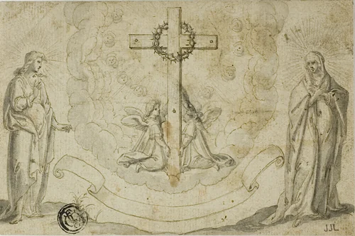 Virgin Mary and St. John the Evangelist Beholding a Vision of the Cross Held by Two Angels by Christoph Schwarz, drawing, 1565-1592