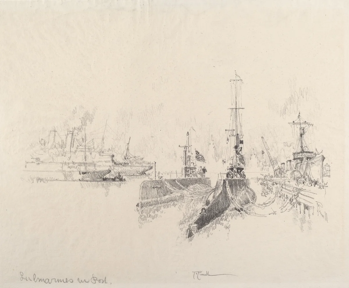 Submarines in Port by Joseph Pennell, print, 1917
