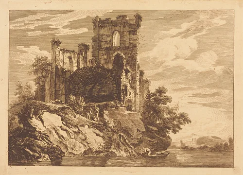 Ruins by a River with a Man in a Boat by Paul Sandby, print, 1758