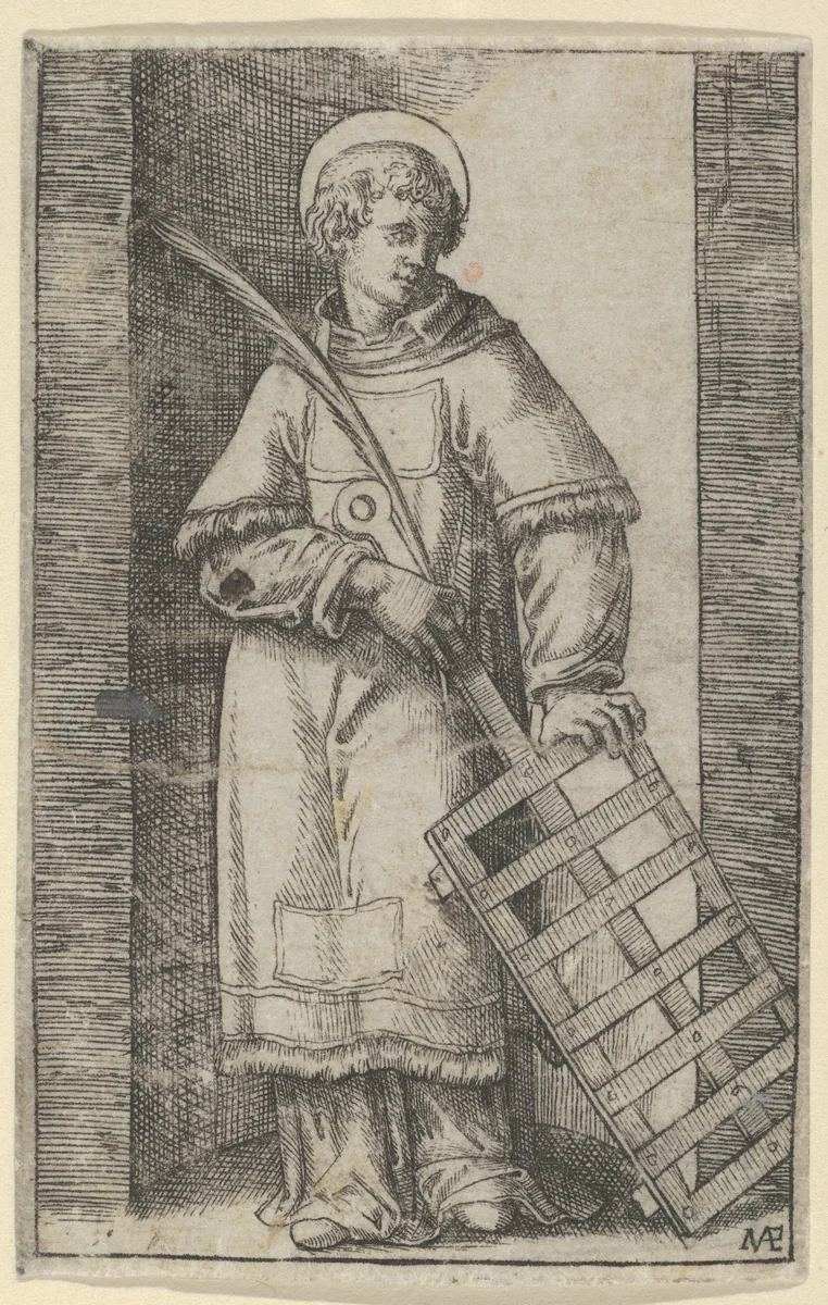 Saint Vincent, left hand resting on a grill, from "Piccoli Santi" (Small Saints) by Marcantonio Raimondi, print, 1495-1532