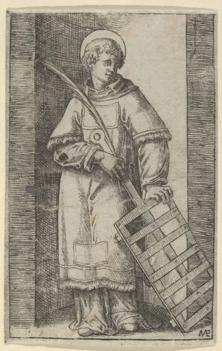 Saint Vincent, left hand resting on a grill, from "Piccoli Santi" (Small Saints) by Marcantonio Raimondi, print, 1495-1532