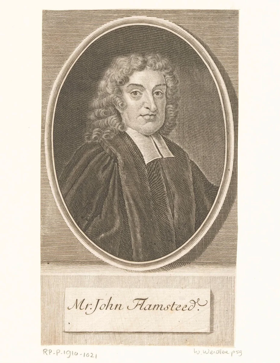 Portret van John Flamsteed by Johann Martin Bernigeroth, print, 1738