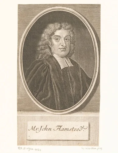 Portret van John Flamsteed by Johann Martin Bernigeroth, print, 1738