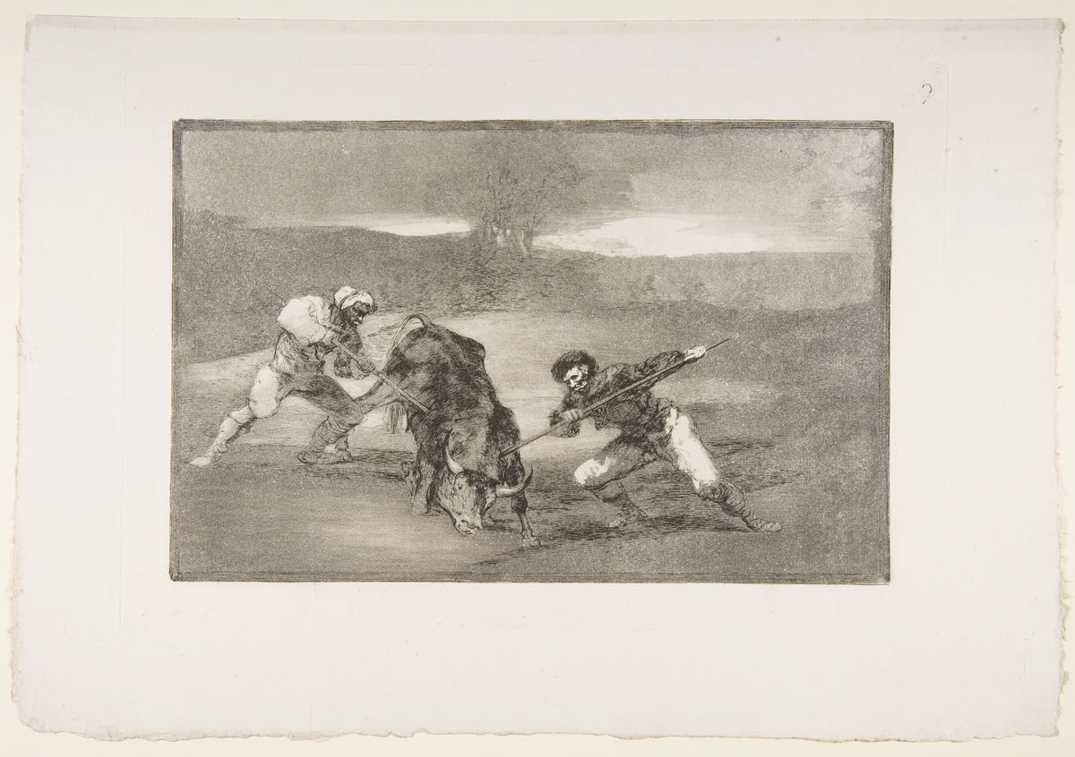 Plate 2 from "La Tauromaquia": Another way of hunting on foot by Goya, print, 1816