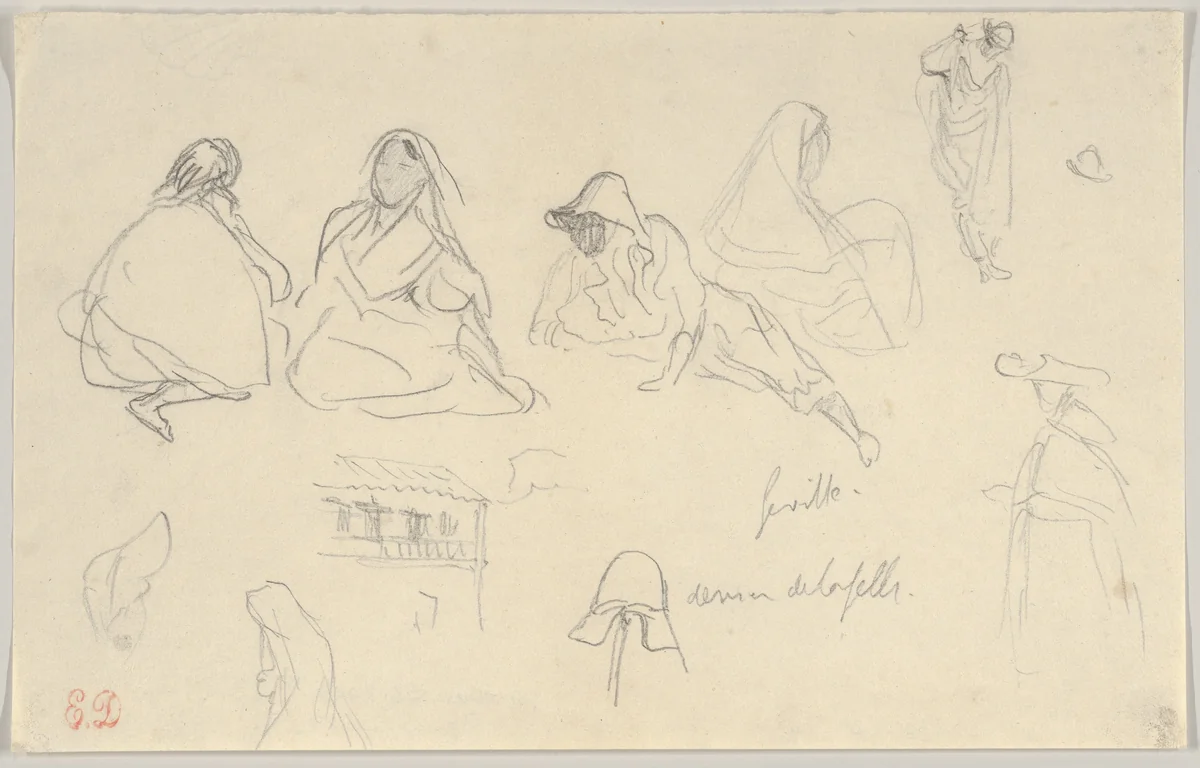 Sketches of Figures and a Tile-Roofed Building, Seville, Spain by Eugène Delacroix, drawing, 1832