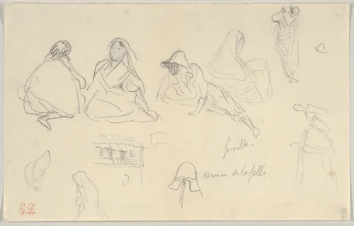 Sketches of Figures and a Tile-Roofed Building, Seville, Spain by Eugène Delacroix, drawing, 1832