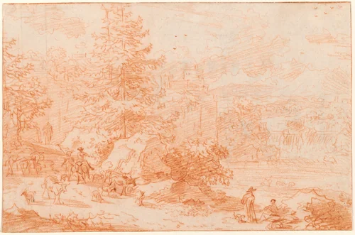 Northern Landscape Fantasy Evoking Tivoli by Nicolaes Pietersz Berchem, drawing, 1660-1665